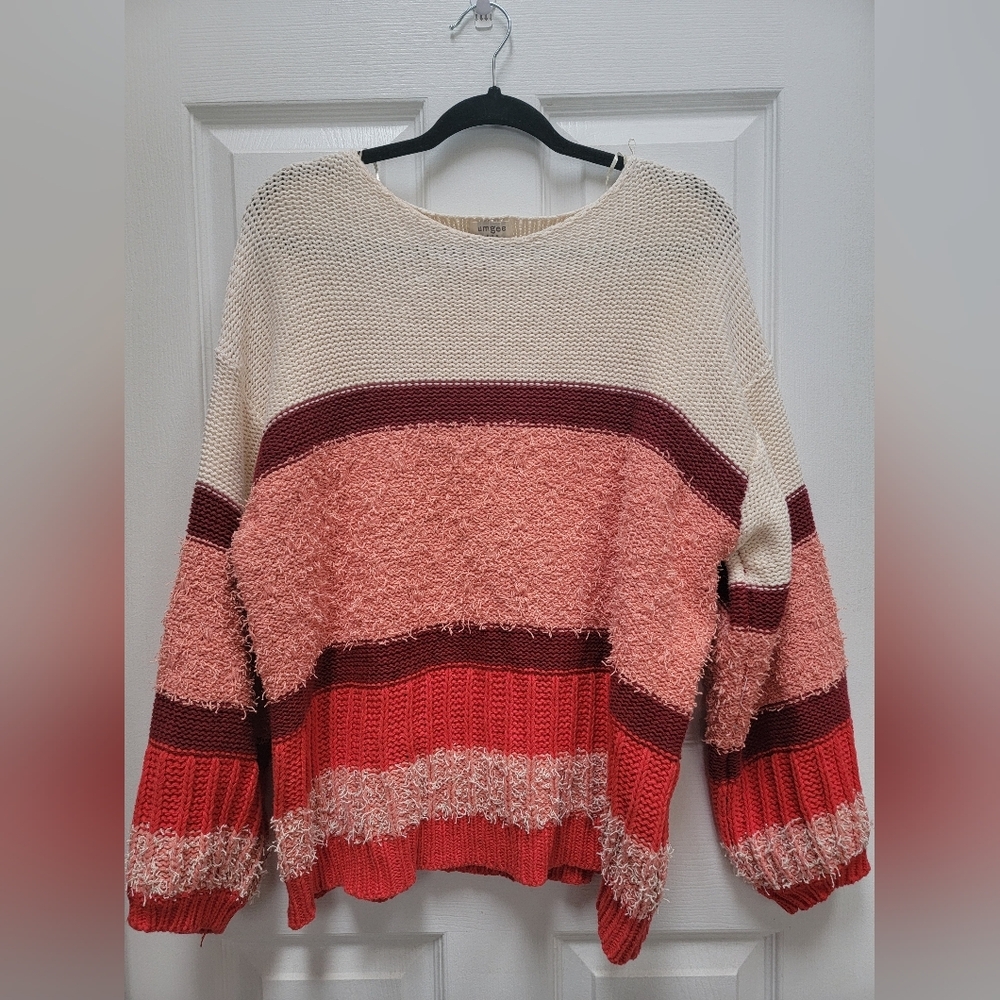 Umgee Women's Shag Colorblock Long Sleeve Sweater Size Large